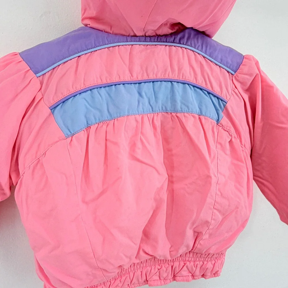 Vintage 80s Weather Tamer Girls Pink Hooded Puffer Jacket Heart Embroidery 12M
